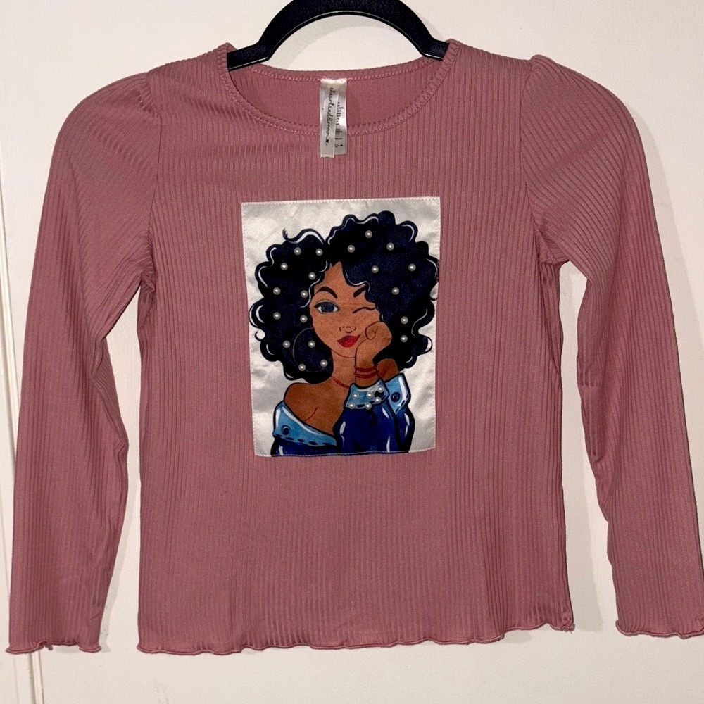 Mauve Pink Girls Graphic Tee Long Sleeve‎ Curly Hair Queen Design Various Sizes